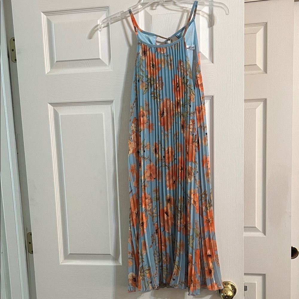 Floral Pleated Dress - Blue and Orange